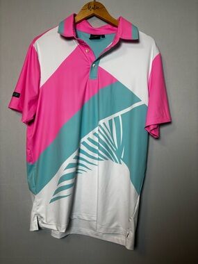 Sunday Swagger Polo Shirt Men’s Large Blue Pink Golf Tennis Beach Preppy Trees